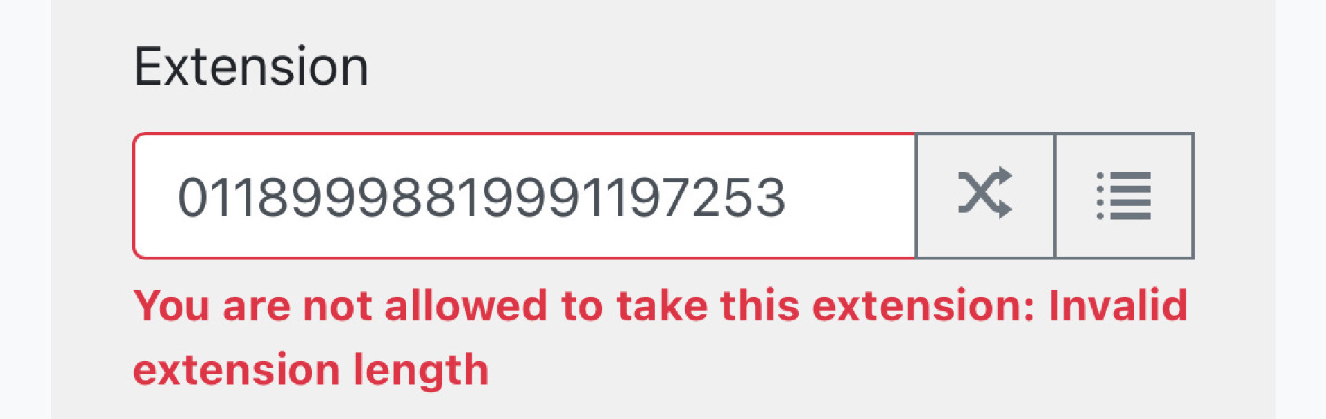 Eventphone Fehlermeldung, dass meine Extension (01189998819991197253) zu lang sei.