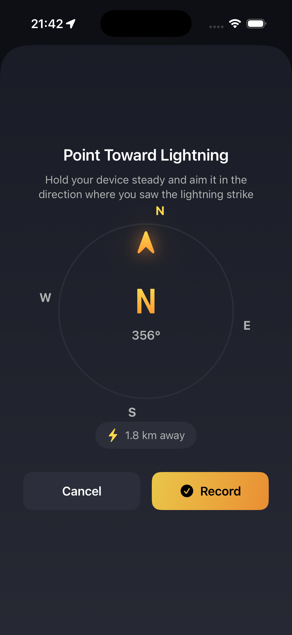 screenshot of the heading recording screen, kinda like a compass. you hold your device in the direction of where you saw/heard the lighting strike and tap the record button